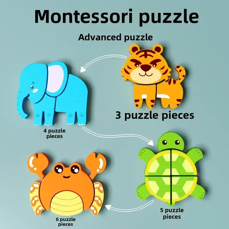 Montessori Cartoon 3D Wooden Puzzle Animal Traffic Jigsaw Toys for Kids