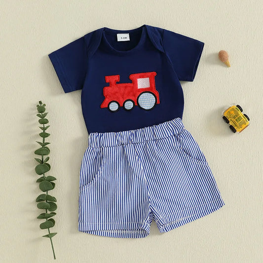 Train Appliqué Baby Boy Set – Navy Top and Striped Shorts