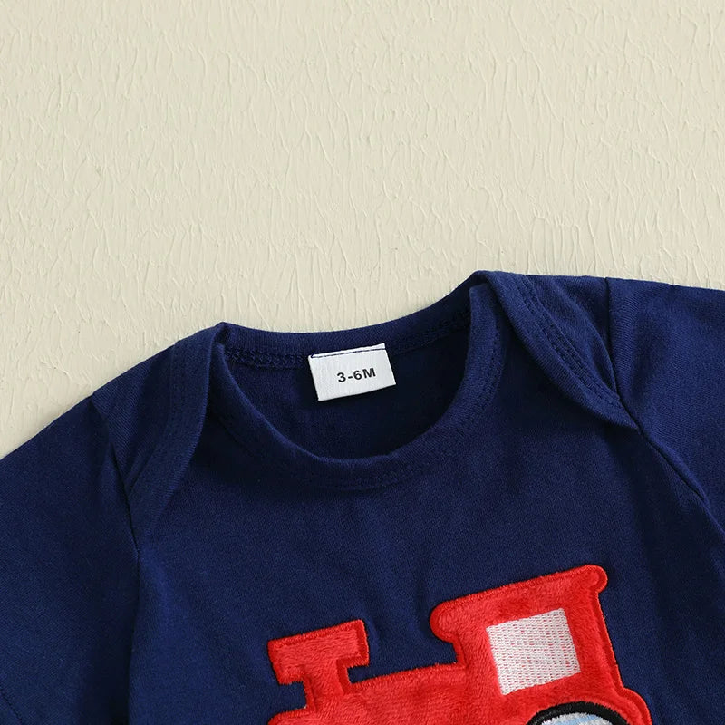 Train Appliqué Baby Boy Set – Navy Top and Striped Shorts
