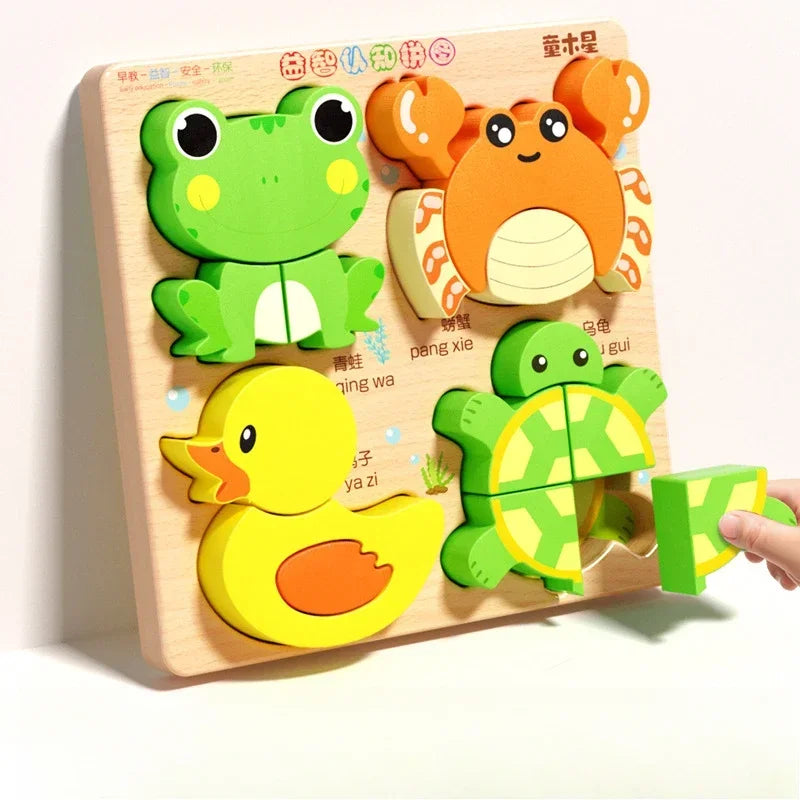 Montessori Cartoon 3D Wooden Puzzle Animal Traffic Jigsaw Toys for Kids
