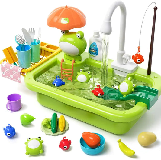 Frog-Themed Water Play Sink with Running Water for Kids