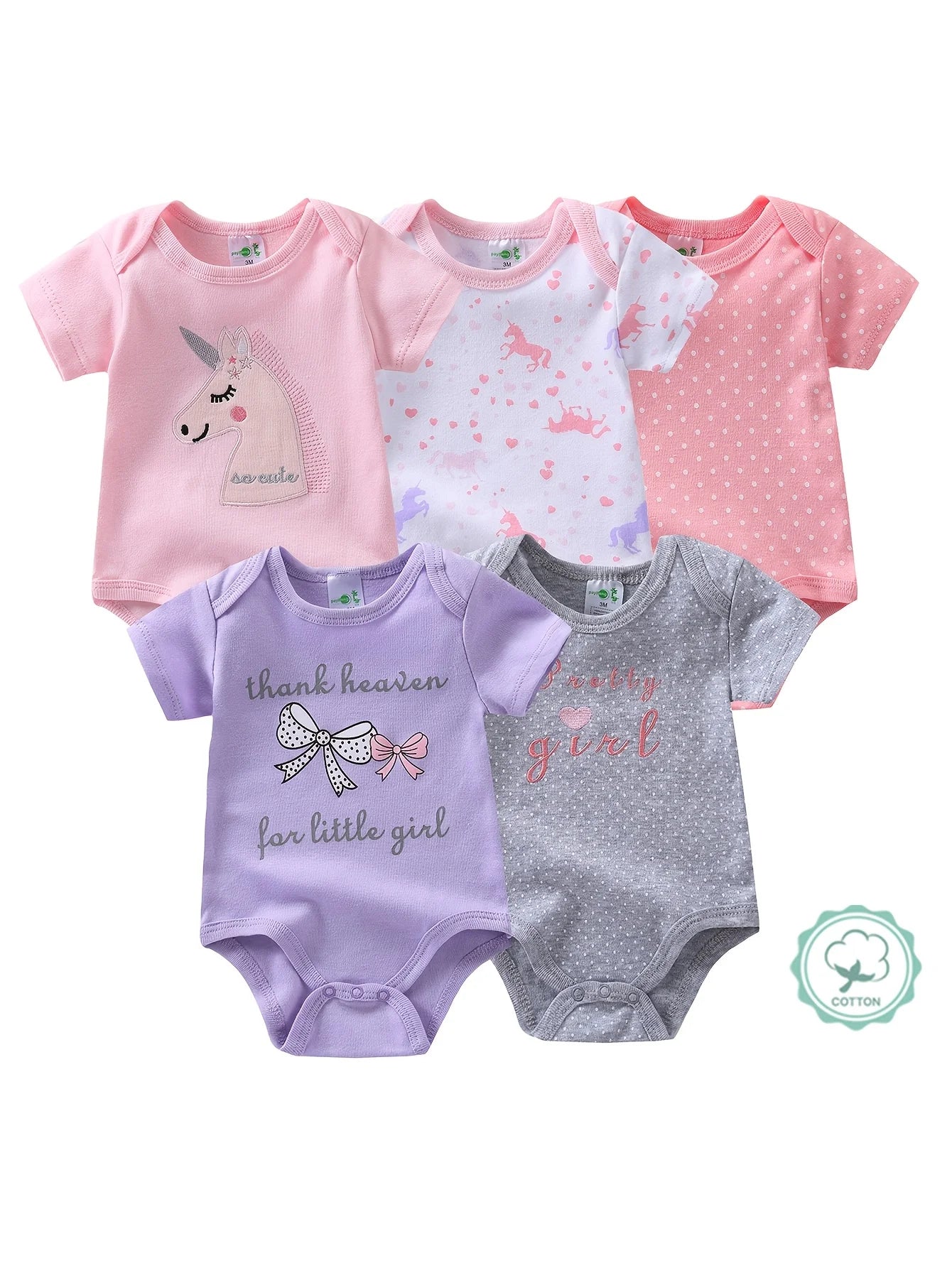 5pcs Girls' Short-Sleeve Bodysuits, Cotton Baby Romper Onesies, Girls' Essential Clothing, Newborn Hospital Birth Supplies, Perfect for Outdoor