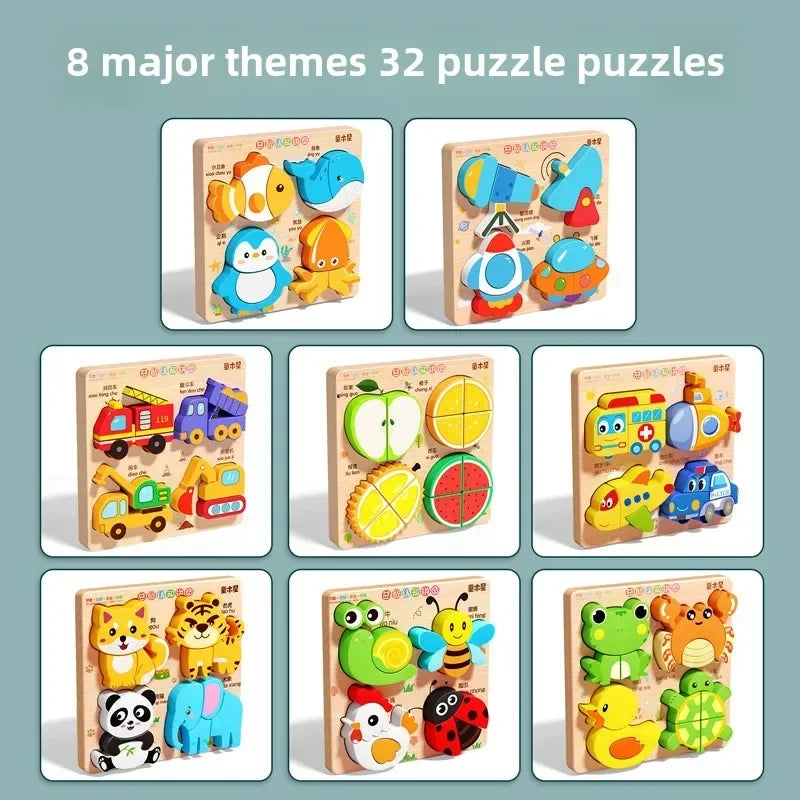 Montessori Cartoon 3D Wooden Puzzle Animal Traffic Jigsaw Toys for Kids