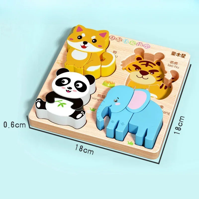 Montessori Cartoon 3D Wooden Puzzle Animal Traffic Jigsaw Toys for Kids