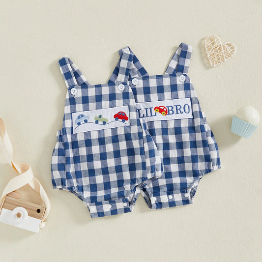 Cute Trucks or Lil Bro Gingham Shortall Romper