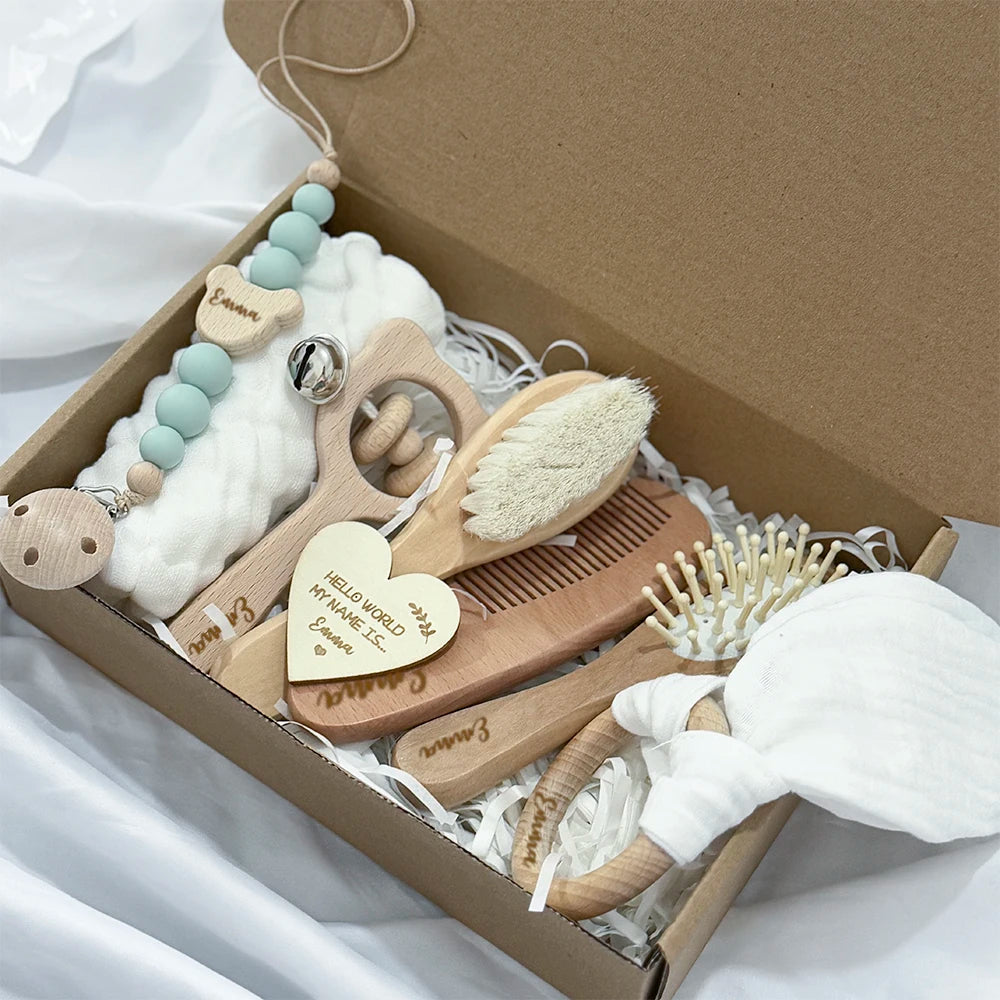 Baby Gift Box 8pcs with Personalized Name,Natural Wood Teether Rattle Set,Custom Baby Toy,Baby Name Announcement Baby Brush