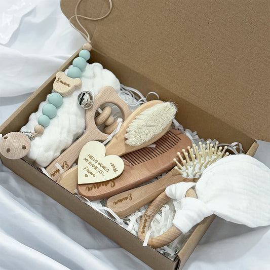 Baby Gift Box 8pcs with Personalized Name,Natural Wood Teether Rattle Set,Custom Baby Toy,Baby Name Announcement Baby Brush