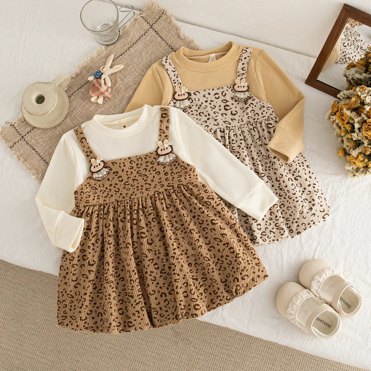 Adorable Ribbed Top & Leopard Print Pinafore Outfits - Stylish Playtime!