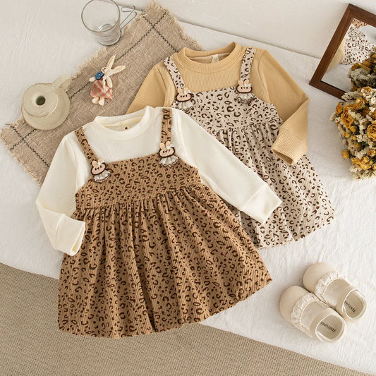 Adorable Ribbed Top & Leopard Print Pinafore Outfits - Stylish Playtime!