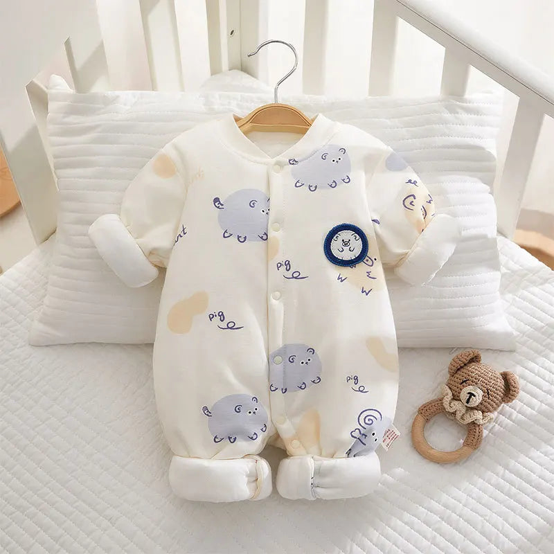 Xmas 2025 Winter 100% Cotton Thick Baby Jumpsuit Class A Skin Friendly 0-18M Side-release Button  Animal  Print  for Boys Girls
