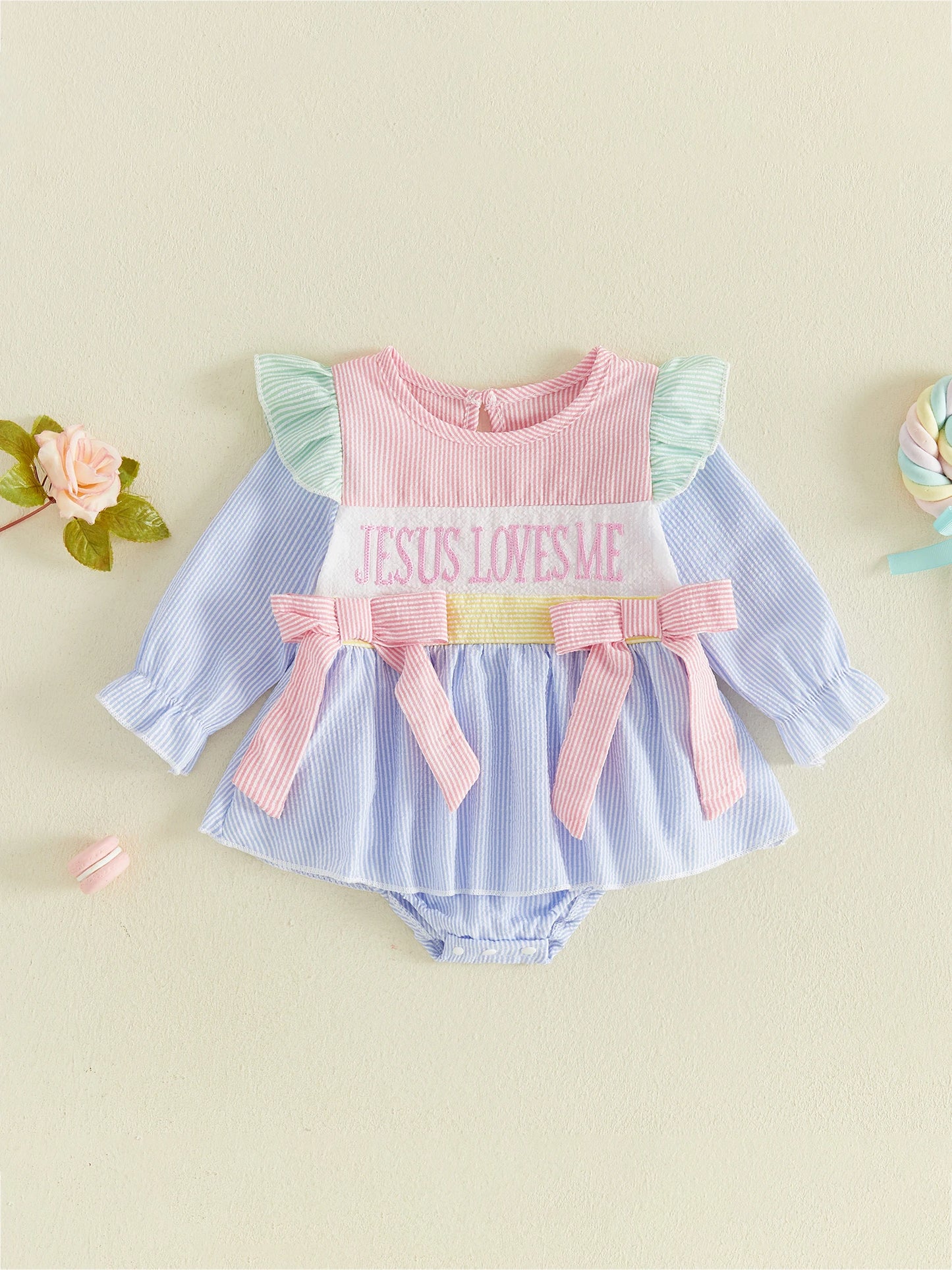 Jumpsuit Girl Christian Romper Embroidery Striped Dress Long Sleeve Christian Striped Jumpsuit Lightweight
