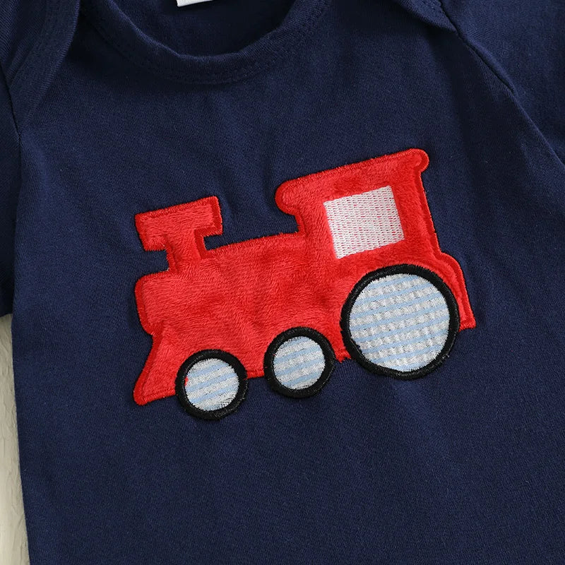 Train Appliqué Baby Boy Set – Navy Top and Striped Shorts
