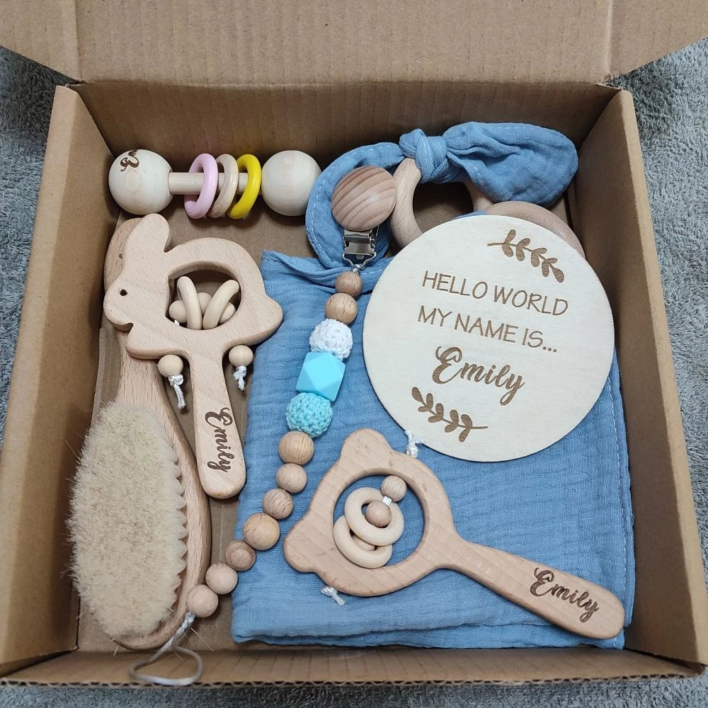 Baby Gift Box 8pcs with Personalized Name, Natural Wood Teether Rattle Set, Custom Baby Toy, Baby Name Announcement Baby Brush