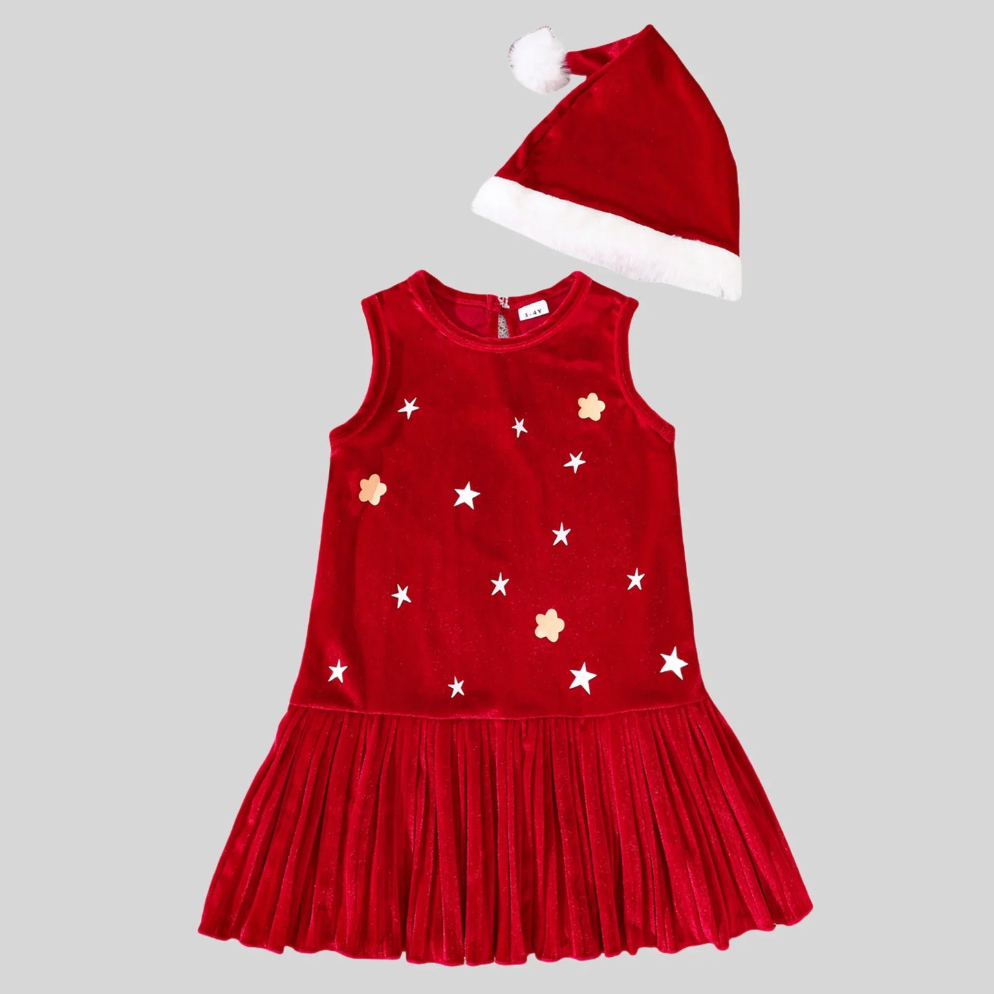Girls Sleeveless Velvet Christmas Dress with Matching Hat