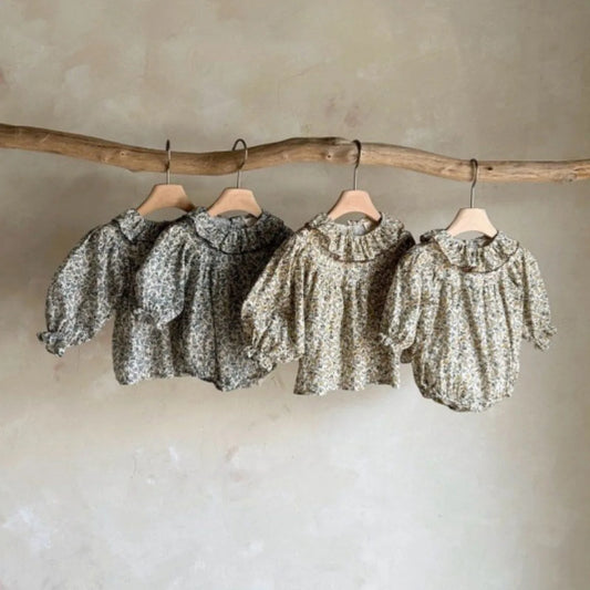 Vintage Floral Ruffle Baby Blouse and Romper Collection