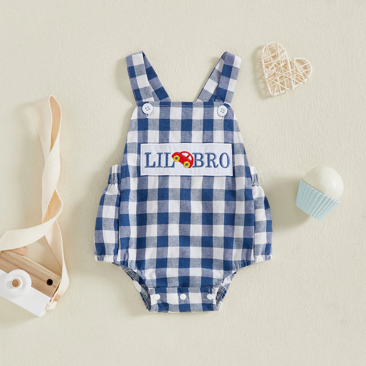 Cute Trucks or Lil Bro Gingham Shortall Romper