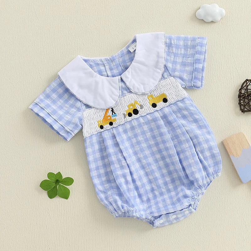 Blue Gingham Wheels Smocked Romper