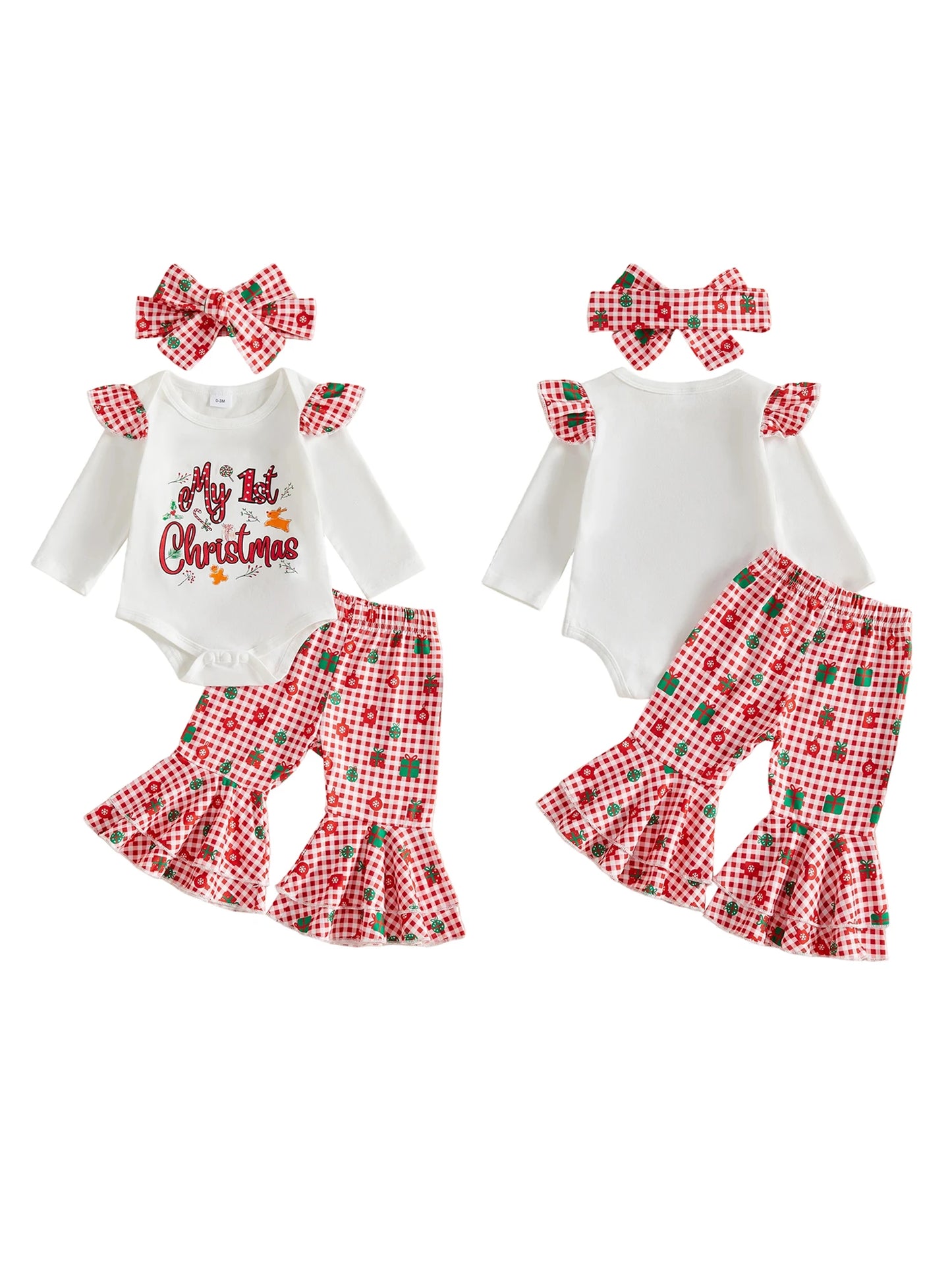 Christmas Outfit With Plaid Headband Print Romper With Plaid Pants Plaid Pants Headband Print Outfit Letters Print Top Rated