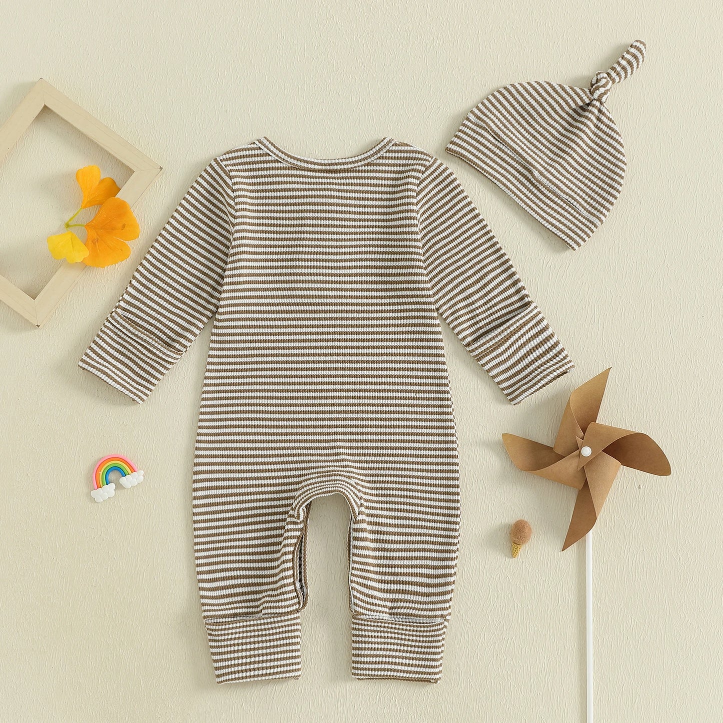 Striped Ribbed Onesie & Hat Set
