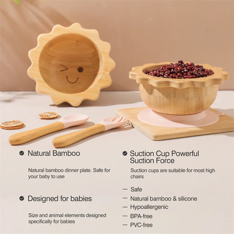 Bamboo Baby Feeding Bowl with Suction Base & Utensil Set