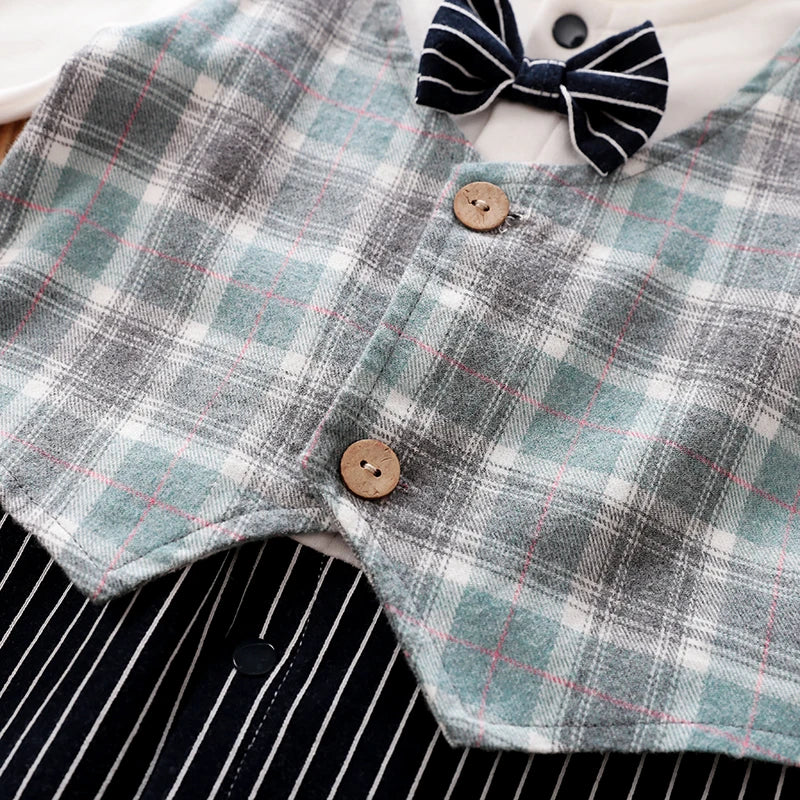 Vintage Styled Plaid Vest Gentleman Romper With Bow Tie