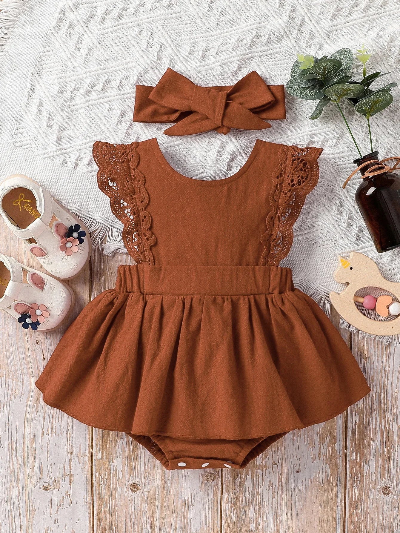 Ruffle Romper Set with Headband – Rust or Red