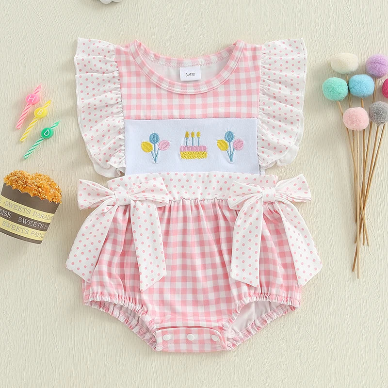 Gingham Birthday Romper with Embroidered Cake and Bows