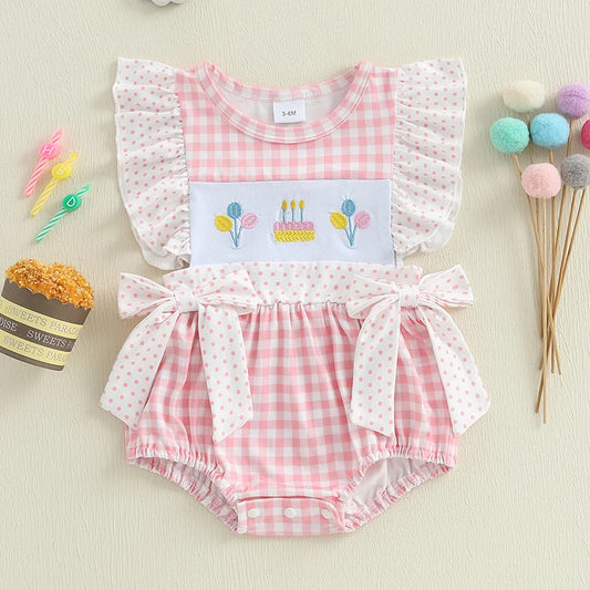 Gingham Birthday Romper with Embroidered Cake and Bows