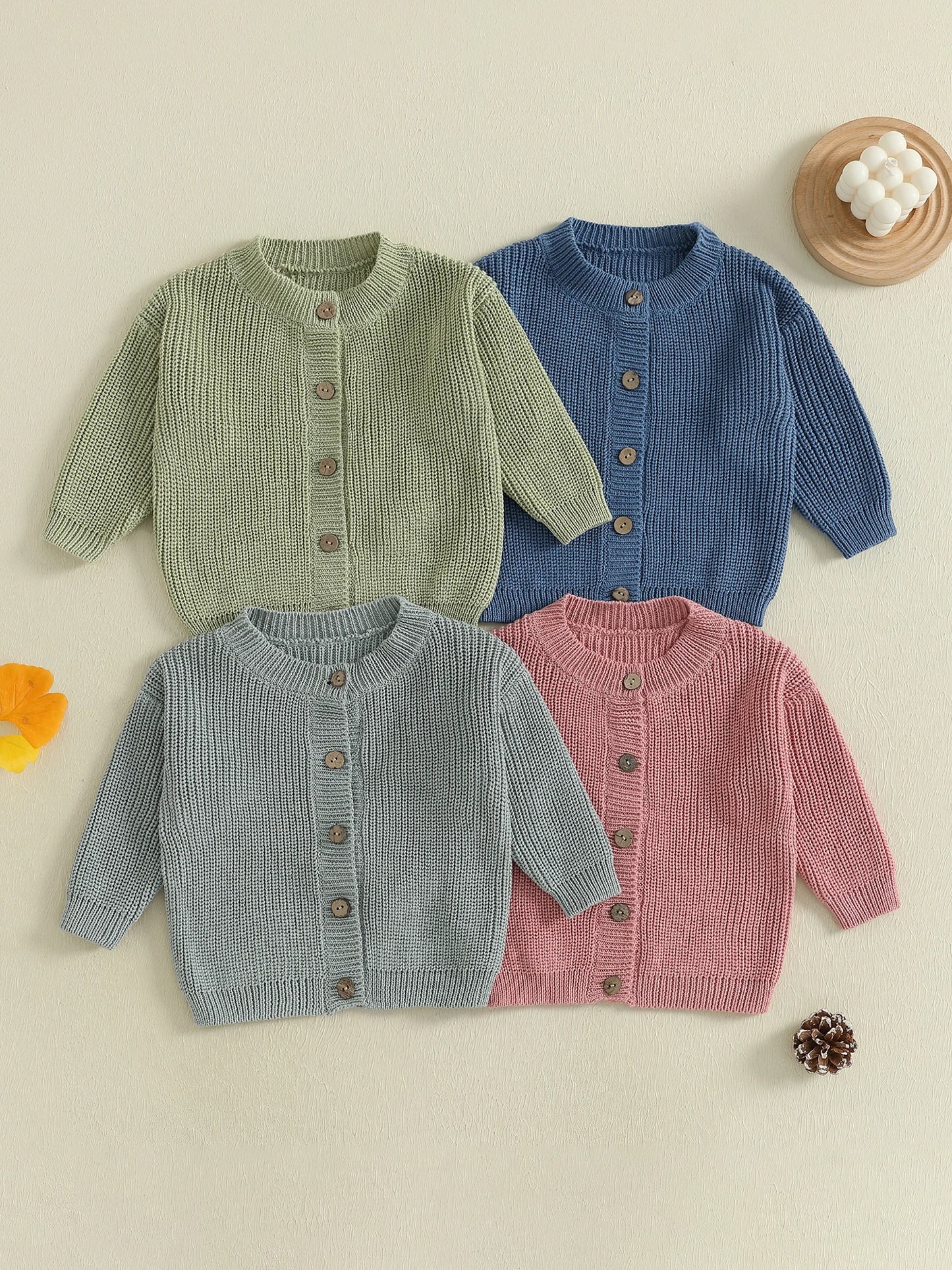 Solid Color Knit Cardigan Sweater with Round Neckline and Button-Up Front Long Sleeves Casual Knitwear