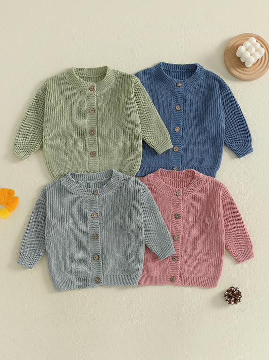 Solid Color Knit Cardigan Sweater with Round Neckline and Button-Up Front Long Sleeves Casual Knitwear